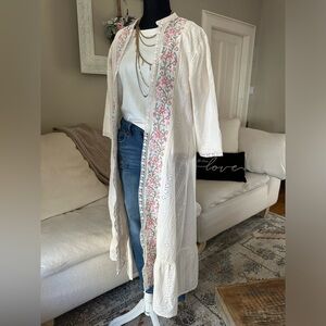 Vintage Boho Cottagecore Romantic White Embroidery Long Duster Kimono Size 42/10